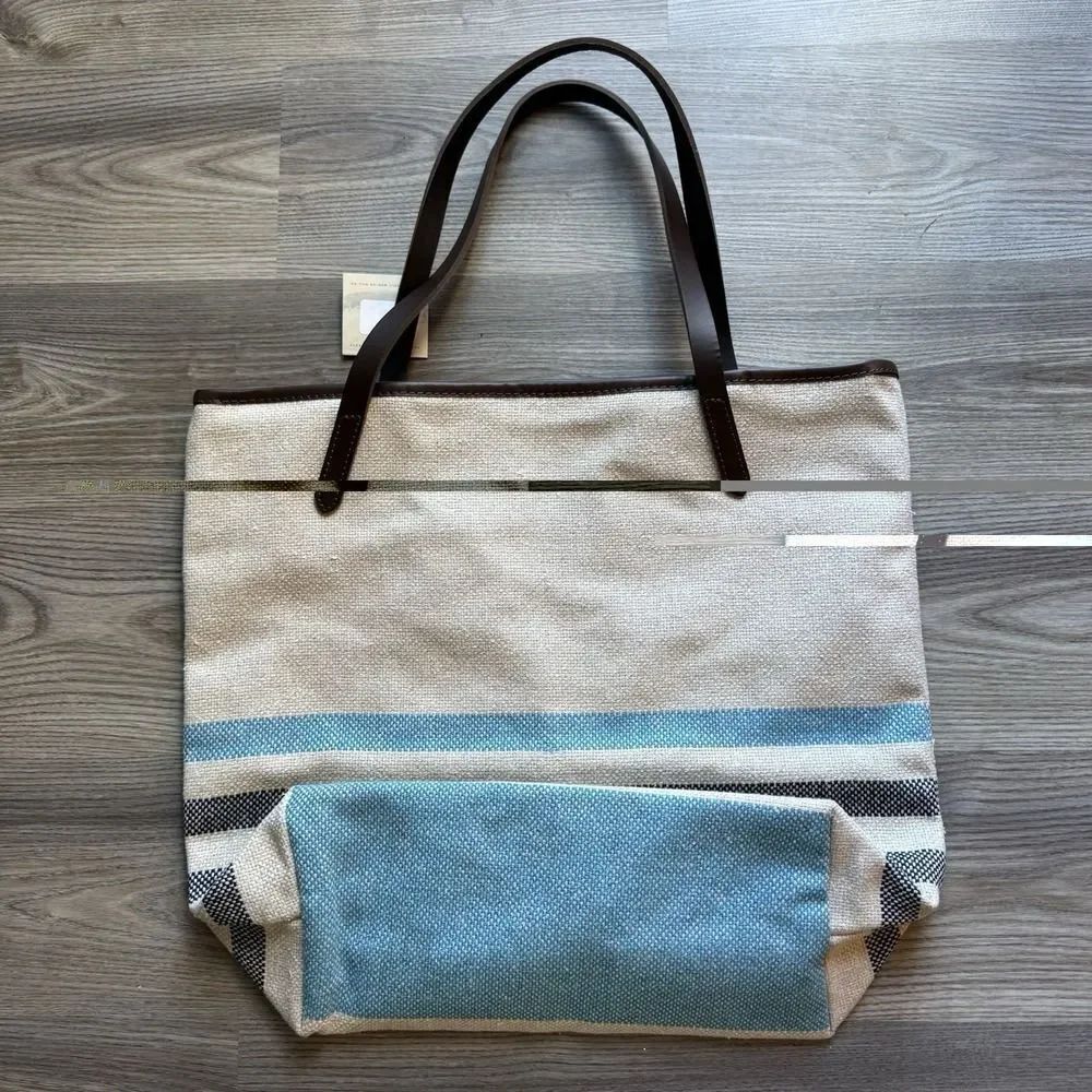 Faribault Woolen Mills Cotton Tote Bag MADE IN USA Leather Straps NWT Blue - Picture 5 of 8